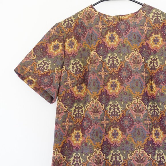 Vintage 60s Short Sleeve Tapestry Print Short Sleeve Dress M - Picture 3 of 5